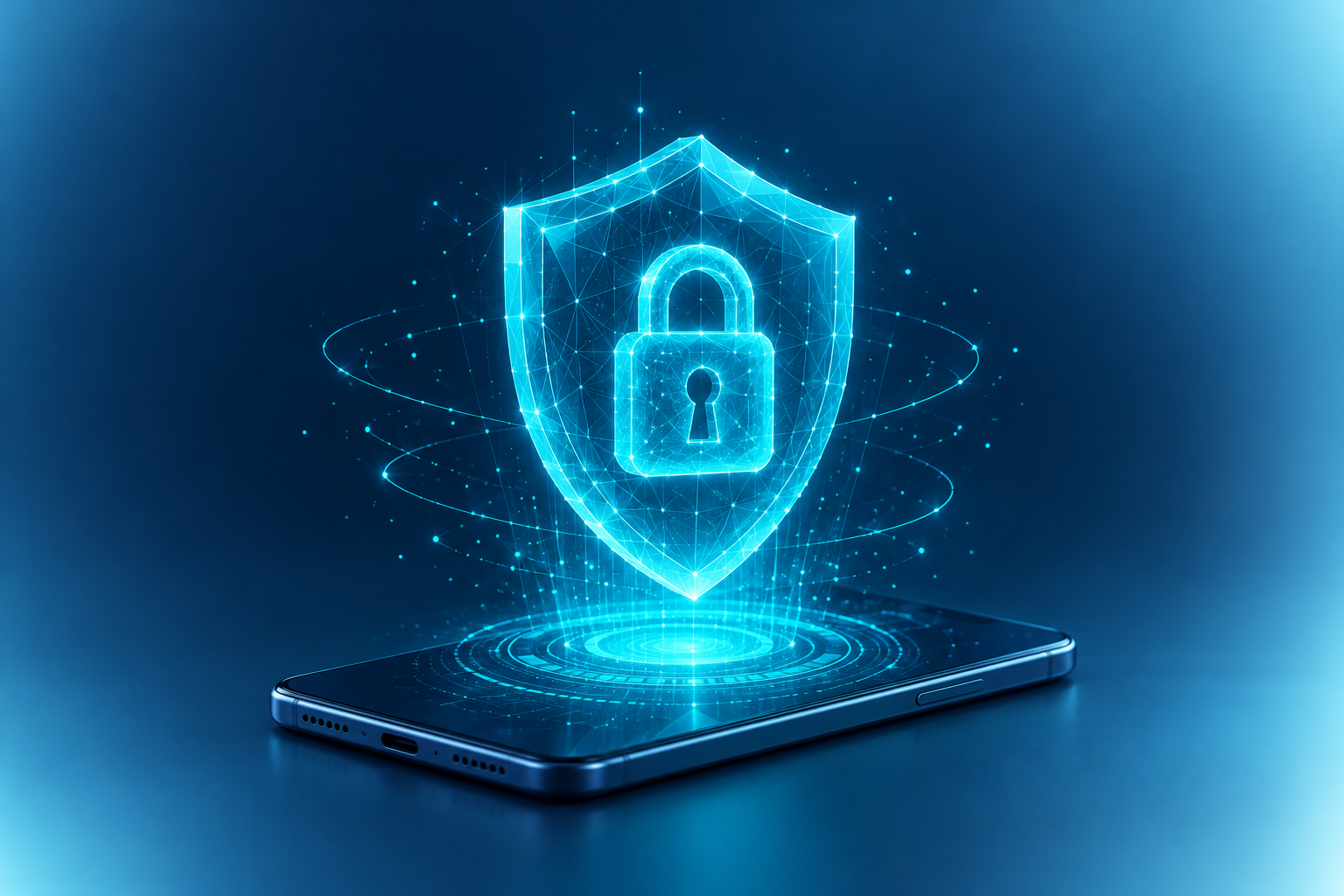 Digital shield and padlock hologram over a smartphone