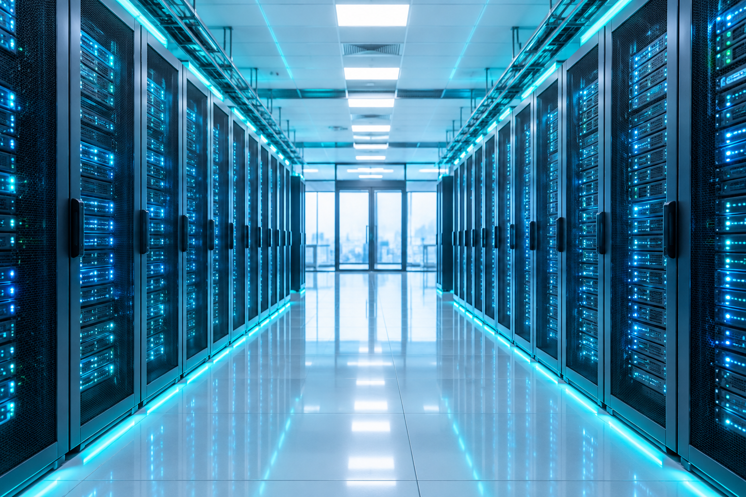 Modern server room with cyan-blue lighting