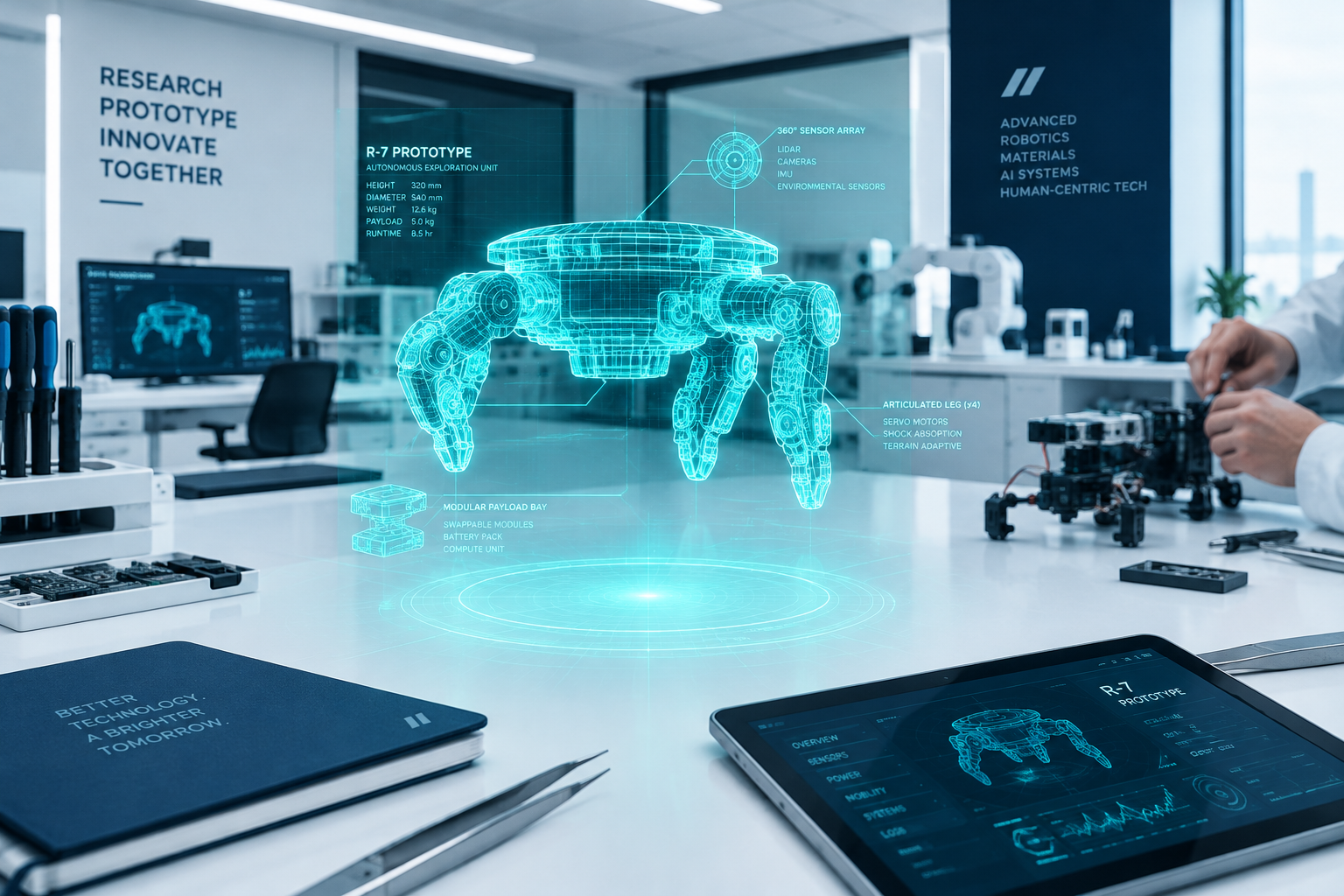 Holographic wireframe of a device in a prototype lab